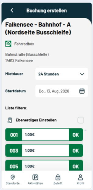Buchungsseite in der ParkYourBike-App